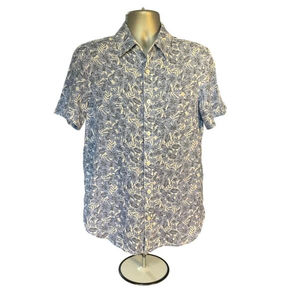 Caribbean Joe Blue and White Tropical Print Short Sleeve Linen Button Up Size M - Picture 1 of 6
